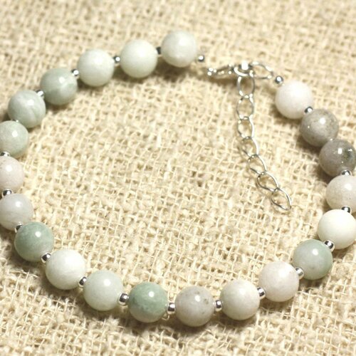 Bracelet argent 925 et pierre - jade blanche et vert amande 6mm