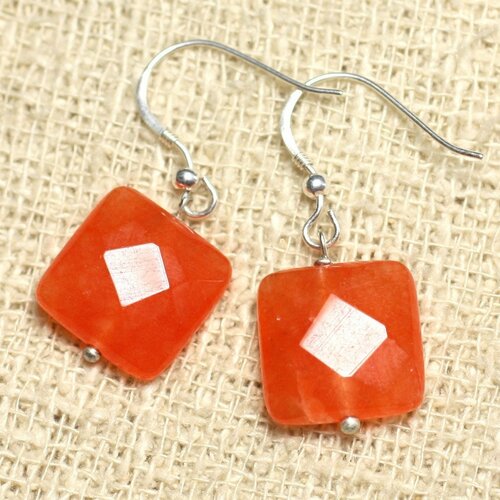 Boucles d'oreilles argent 925 et pierre - jade orange carrés facettés 14mm