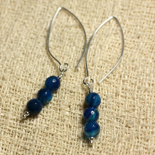 Boucles d'oreilles argent 925 crochets 40mm - agate bleue facettée 6mm