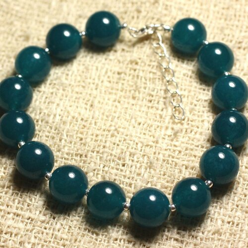 Bracelet argent 925 et pierre - jade bleu vert 10mm