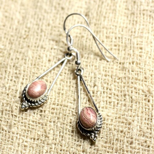 Bo212 - boucles d'oreilles argent 925 30mm - rhodochrosite ovales 9x7mm
