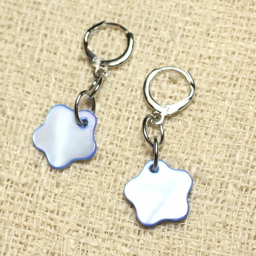 Boucles d'oreilles nacre fleurs 15mm bleu