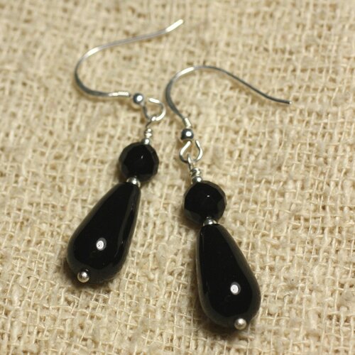 Boucles d'oreilles argent 925 - onyx noir gouttes 15x8mm et rondes facettées 6mm