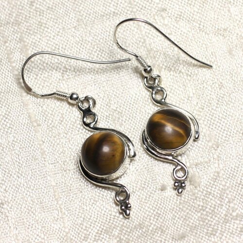 Bo213 - boucles d'oreilles argent 925 et pierre oeil de tigre ronds spirales 30mm