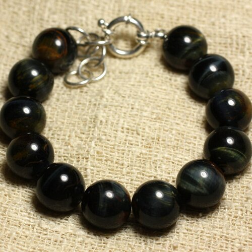 Bracelet argent 925 et perles de pierre oeil de faucon 14mm