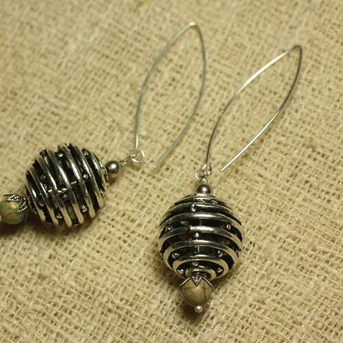 Boucles d'oreilles argent 925 perle rhodium et jaspe impression