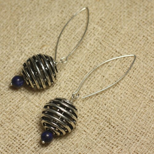 Boucles d'oreilles argent 925 perle rhodium 18mm et lapis