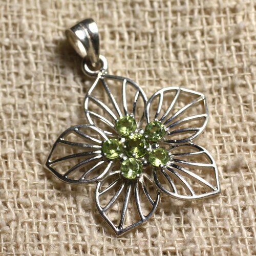 Pendentif argent 925 et pierre - péridot 3-4mm fleur 30x28mm