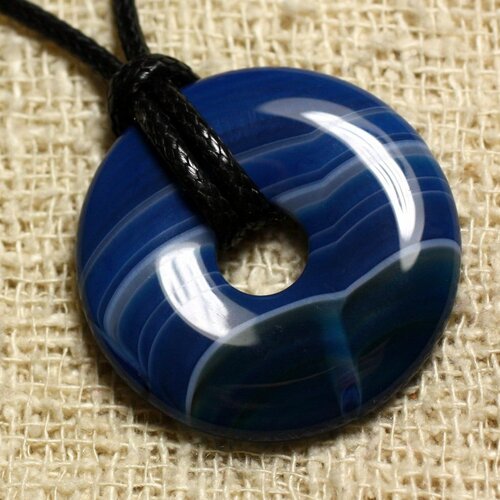 Collier pendentif en pierre - agate bleue donut 30mm