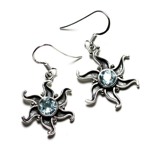 Bo236 - boucles d'oreilles argent 925 et pierre - soleil 22mm topaze bleue