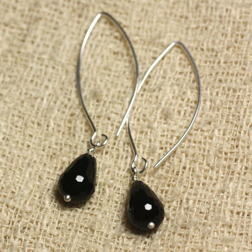 Boucles d'oreilles argent 925 crochets 40mm - onyx noir gouttes facettées 12x8mm