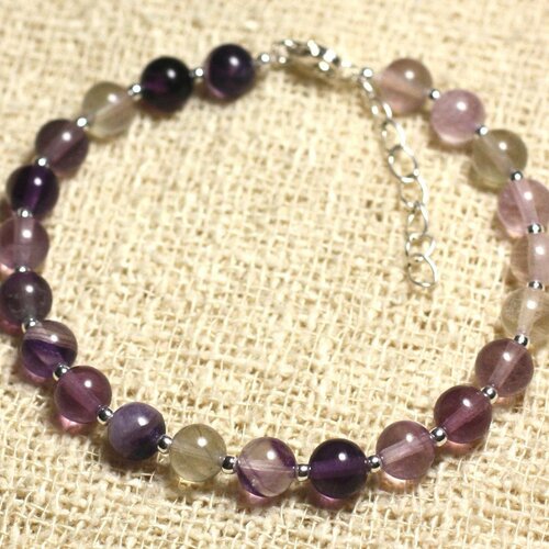 Bracelet argent 925 et pierre - fluorite rose et violette 6mm