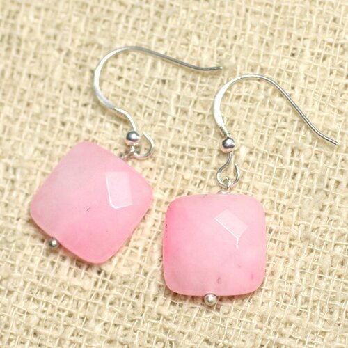 Boucles d'oreilles argent 925 et pierre - jade rose clair carrés facettés 14mm