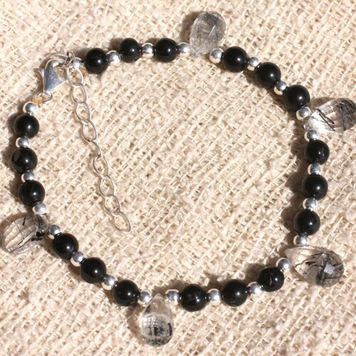 Bracelet argent 925 et pierre - tourmaline noire et quartz tourmaline gouttes facettées 10mm