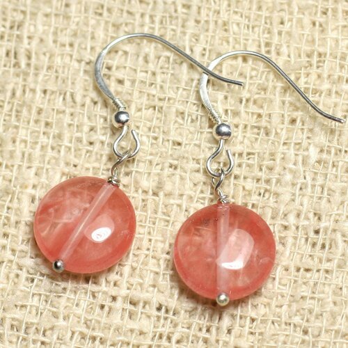 Boucles d'oreilles argent 925 et pierre - quartz cerise palets 12mm