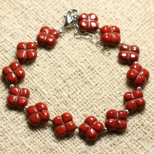 Bracelet argent 925 et pierre - jaspe rouge trèfles 9-10mm