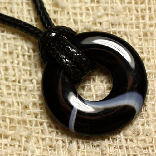 Collier pendentif en pierre - agate noire et blanche donut 20mm