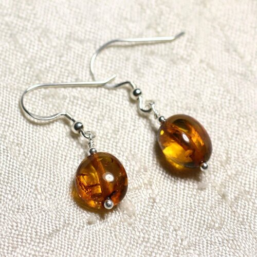 Boucles d'oreilles argent 925 et ambre naturelle olives 9-10mm