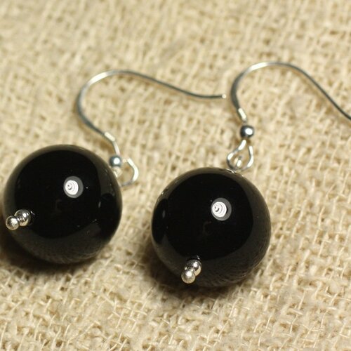 Boucles d'oreilles argent 925 - onyx noir boules 14mm