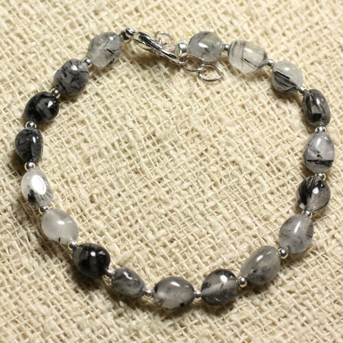 Bracelet argent 925 et pierre - quartz tourmaline nuggets 6-7mm