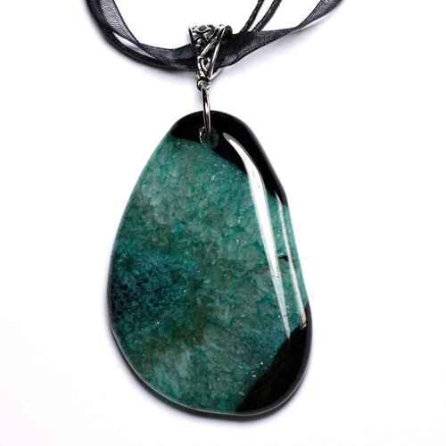 N12 - collier pendentif en pierre - agate noire et quartz turquoise goutte 60mm