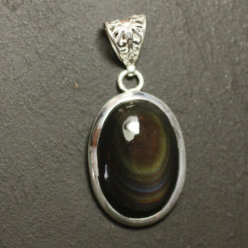 N57 - pendentif argent 925 et pierre - obsidienne arc en ciel oeil céleste ovale 26x18mm