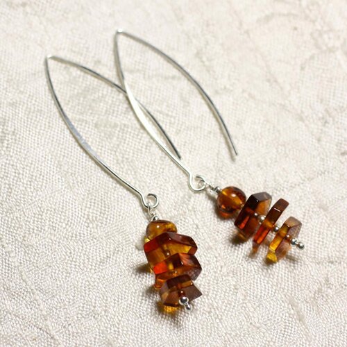Boucles d'oreilles argent 925 longs crochets et ambre naturelle 6-10mm