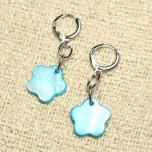 Boucles d'oreilles nacre fleurs 15mm bleu turquoise