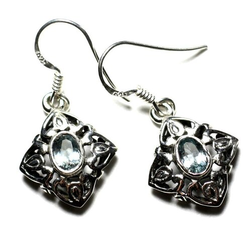 Bo235 - boucles d'oreilles argent 925 et pierre - losanges filigranes arabesques 16mm topaze bleue