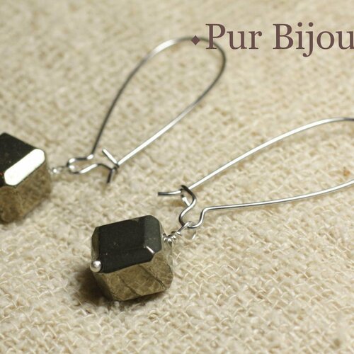 Boucles d'oreilles pierre semi précieuse - pyrite dorée cubes 10mm
