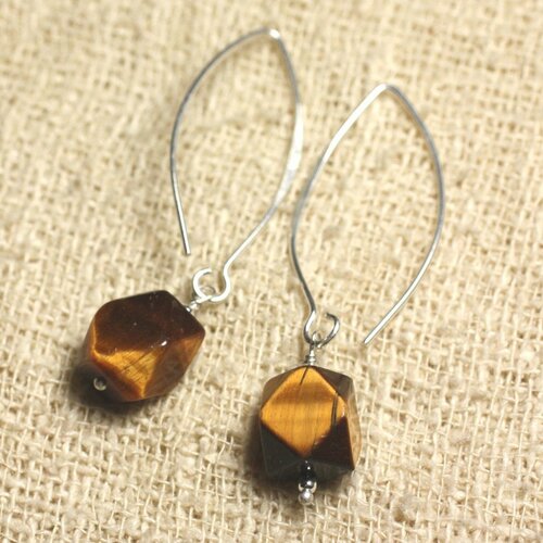 Boucles d'oreilles argent 925 crochets 40mm - oeil de tigre nuggets facettés 12x9mm