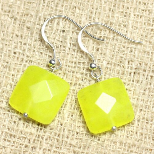 Boucles d'oreilles argent 925 et pierre - jade jaune fluo carrés facettés 14mm