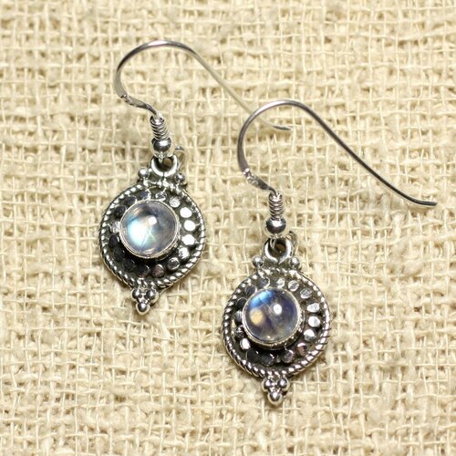 Bo210 - boucles d'oreilles argent 925 cercles 19mm pierre de lune arc en ciel