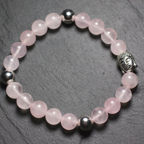 Bracelet bouddha et pierre semi précieuse - quartz rose 8mm