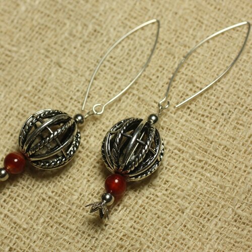 Boucles d'oreilles argent 925 perle rhodium et agate rouge