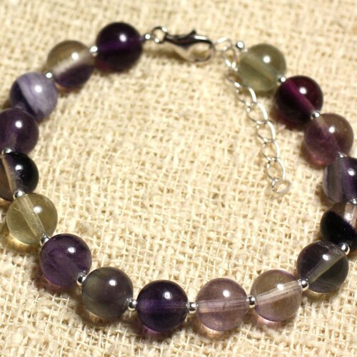 Bracelet argent 925 et pierre semi précieuse - fluorite violet rose 8mm