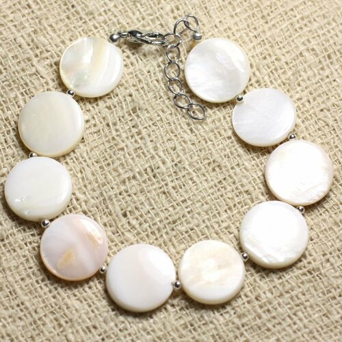 Bracelet argent 925 et nacre blanche palets 15mm