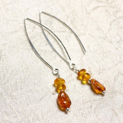 Boucles d'oreilles argent 925 longs crochets et ambre naturelle 5-9mm