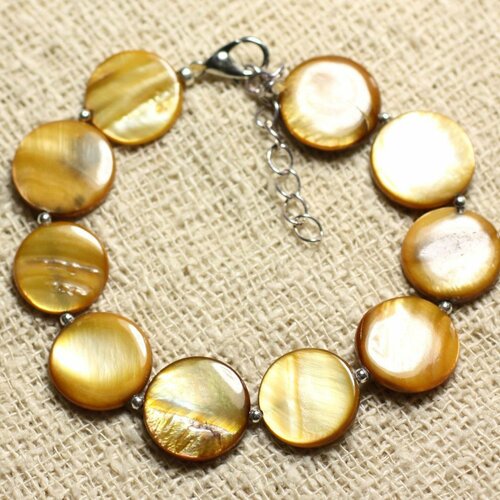 Bracelet argent 925 et nacre palets 15mm marron bronze