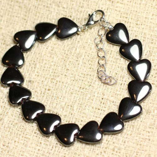 Bracelet argent 925 et pierre - hématite coeurs 10mm