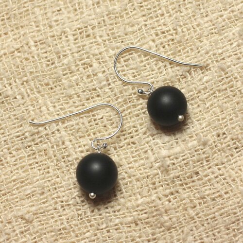 Boucles d'oreilles argent 925 et pierre - onyx noir mat 10mm