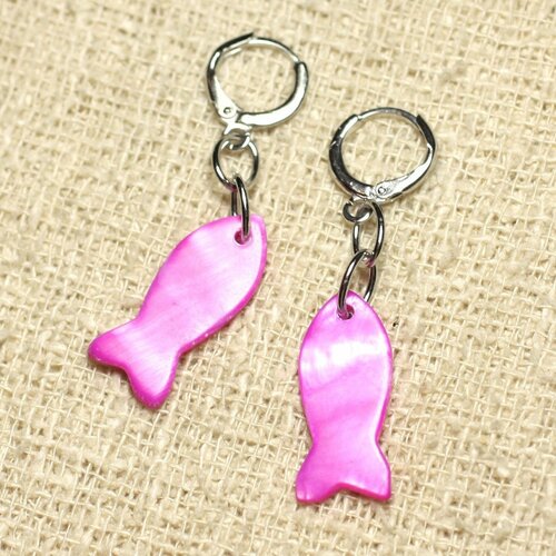 Boucles d'oreilles nacre poissons 23mm violet rose fuchsia