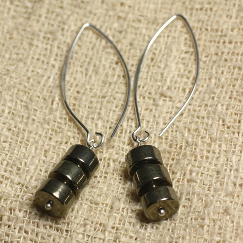 Boucles d'oreilles argent 925 crochets 40mm - pyrite dorée rondelles 8x4mm