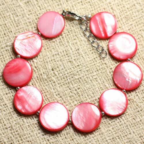 Bracelet argent 925 et nacre palets 15mm rose corail pêche
