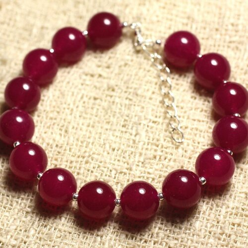 Bracelet argent 925 et pierre - jade rouge rose framboise 10mm