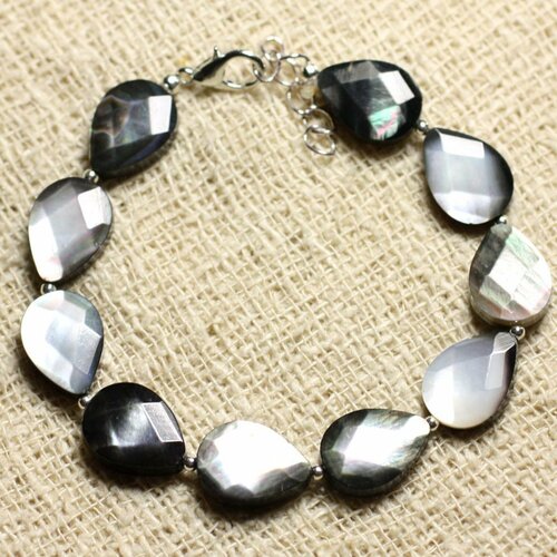 Bracelet argent 925 et nacre noire gouttes facettées 14x10mm