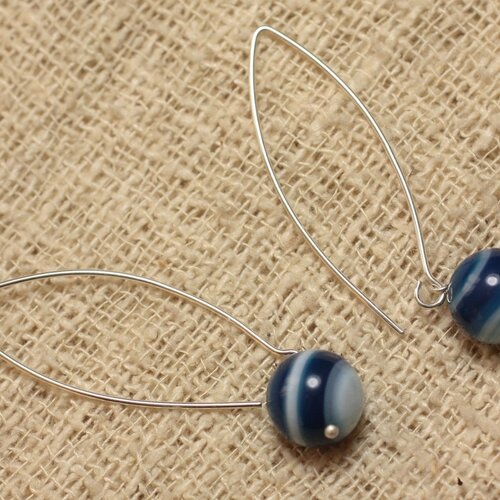 Boucles d'oreilles agate bleue et longs crochets argent 925