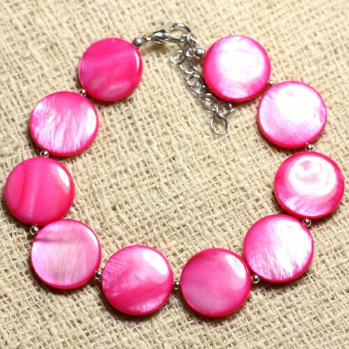 Bracelet argent 925 et nacre palets 15mm rose fuchsia