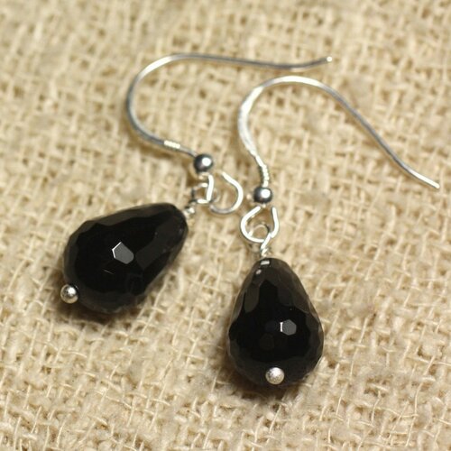 Boucles d'oreilles argent 925 - onyx noir gouttes facettées 12x8mm