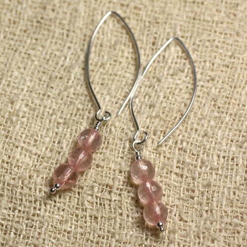Boucles d'oreilles argent 925 crochets 40mm - quartz rose facetté 6mm